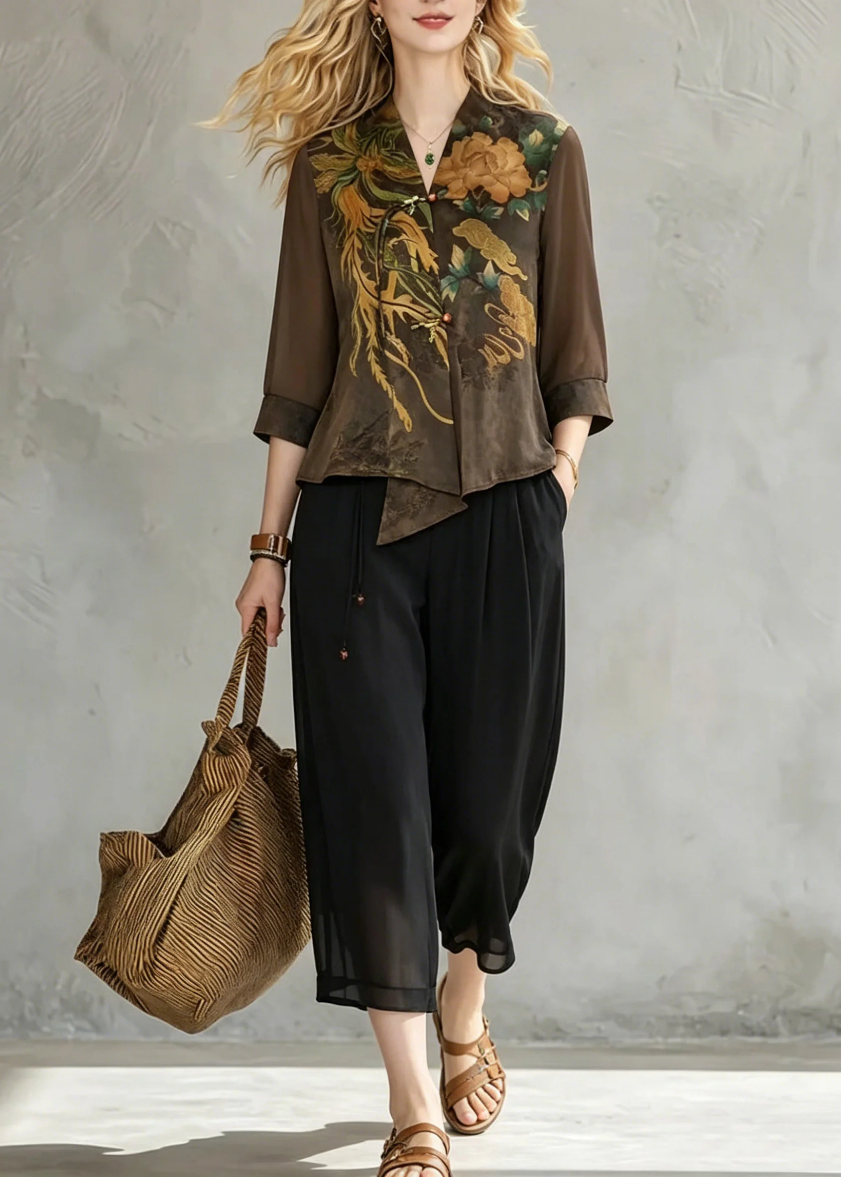 Women Coffee V Neck Print Chiffon Tops And Crop Pants Fall - Image 5