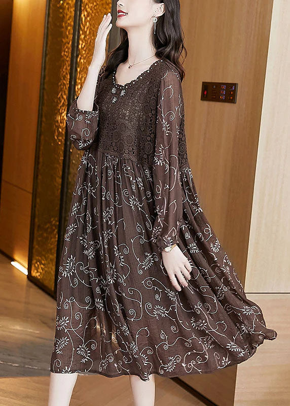Women Chocolate Wrinkled Lace Patchwork Chiffon Loose Dresses Long Sleeve - Image 5