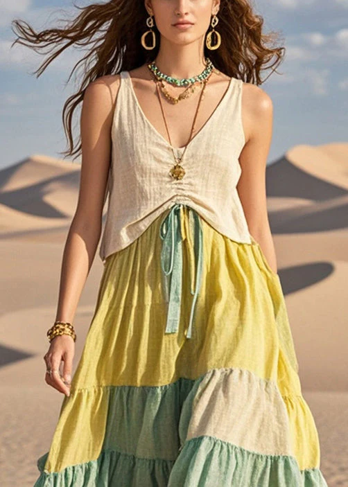 Women Colorblock Cinched Patchwork Cotton Dresses Summer - Image 2