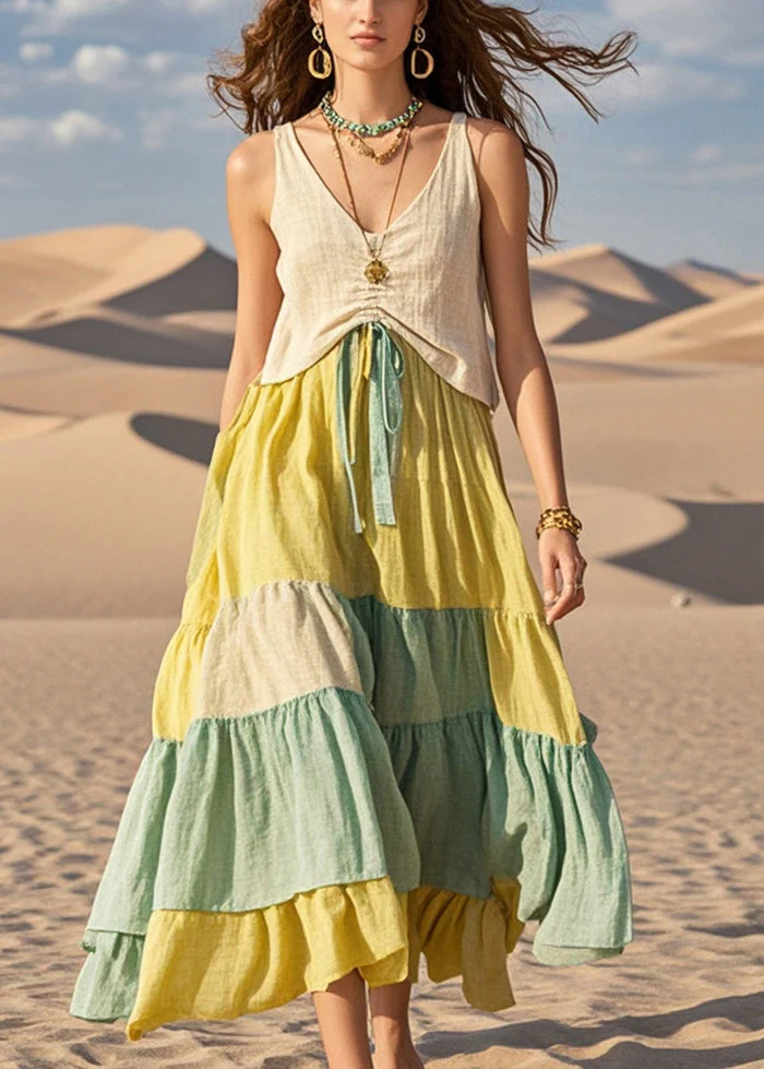 Women Colorblock Cinched Patchwork Cotton Dresses Summer - Image 3