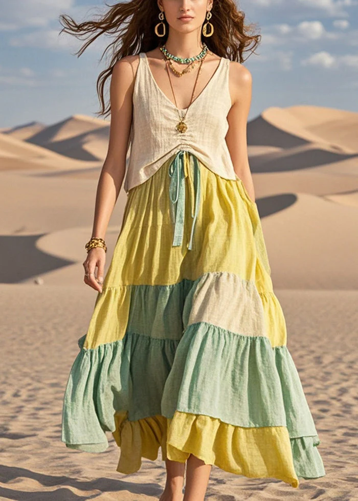Women Colorblock Cinched Patchwork Cotton Dresses Summer - Image 5