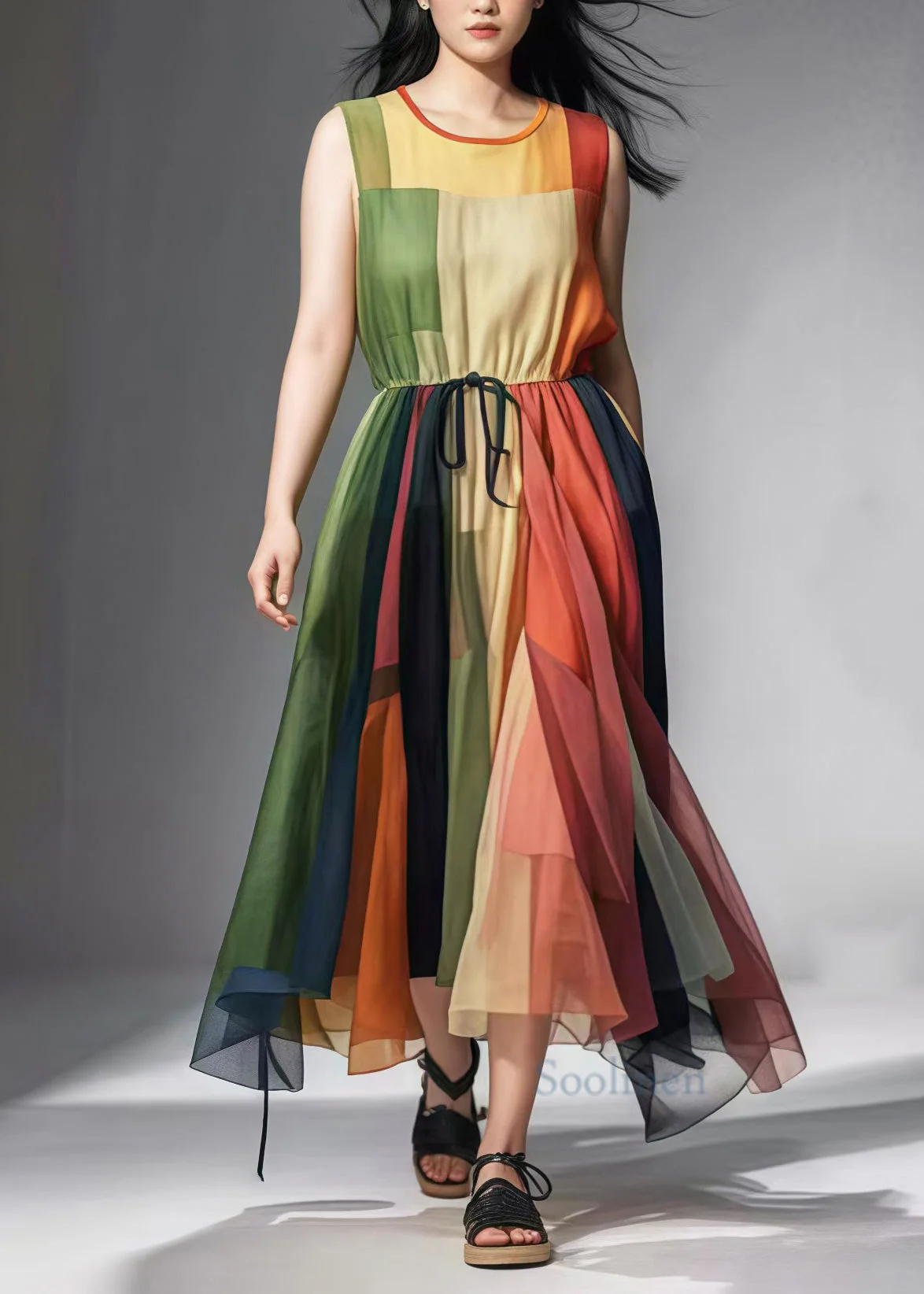 Women Colorblock Cinched Patchwork Tulle Sundress Sleeveless - Image 2
