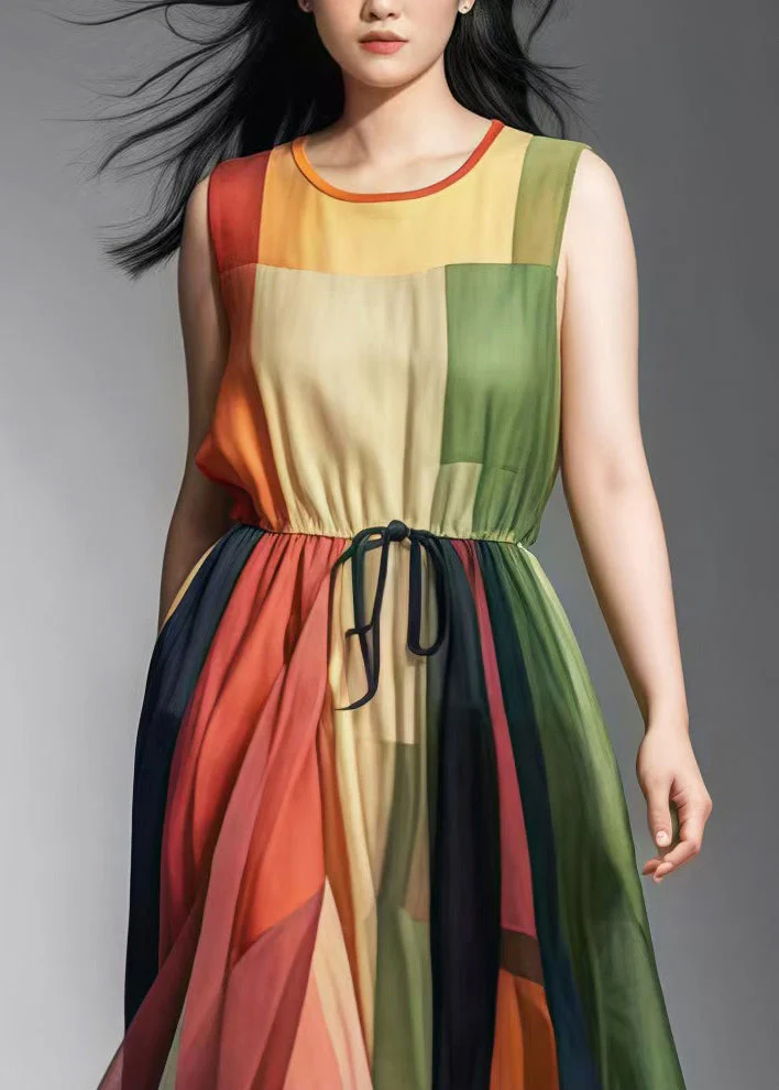 Women Colorblock Cinched Patchwork Tulle Sundress Sleeveless - Image 3