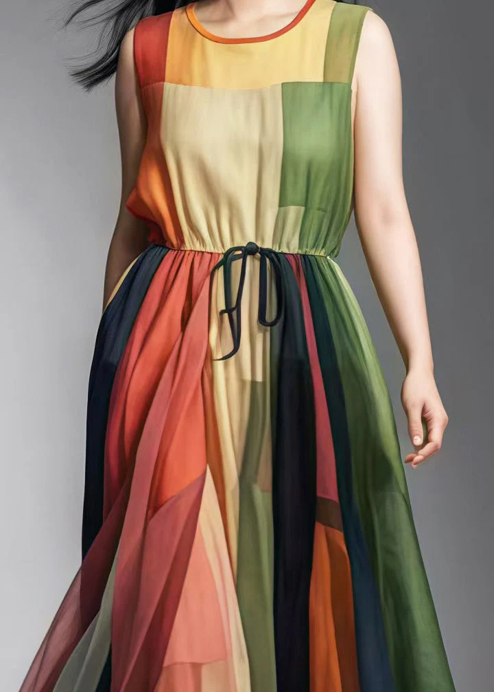 Women Colorblock Cinched Patchwork Tulle Sundress Sleeveless - Image 4