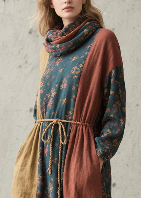 Women Colorblock Cinched Print Cotton Robe Dresses Fall - Image 2