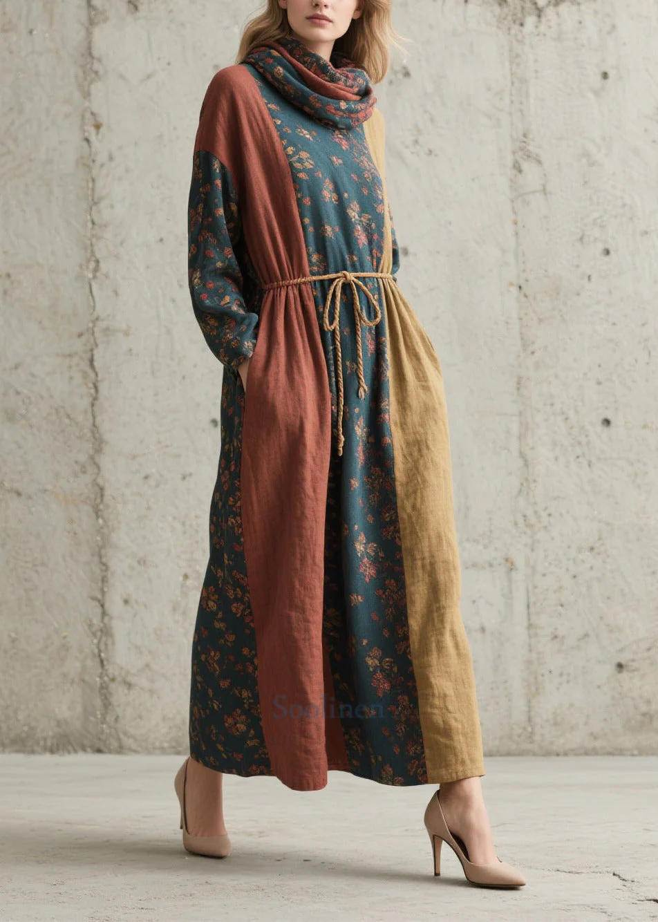 Women Colorblock Cinched Print Cotton Robe Dresses Fall - Image 3