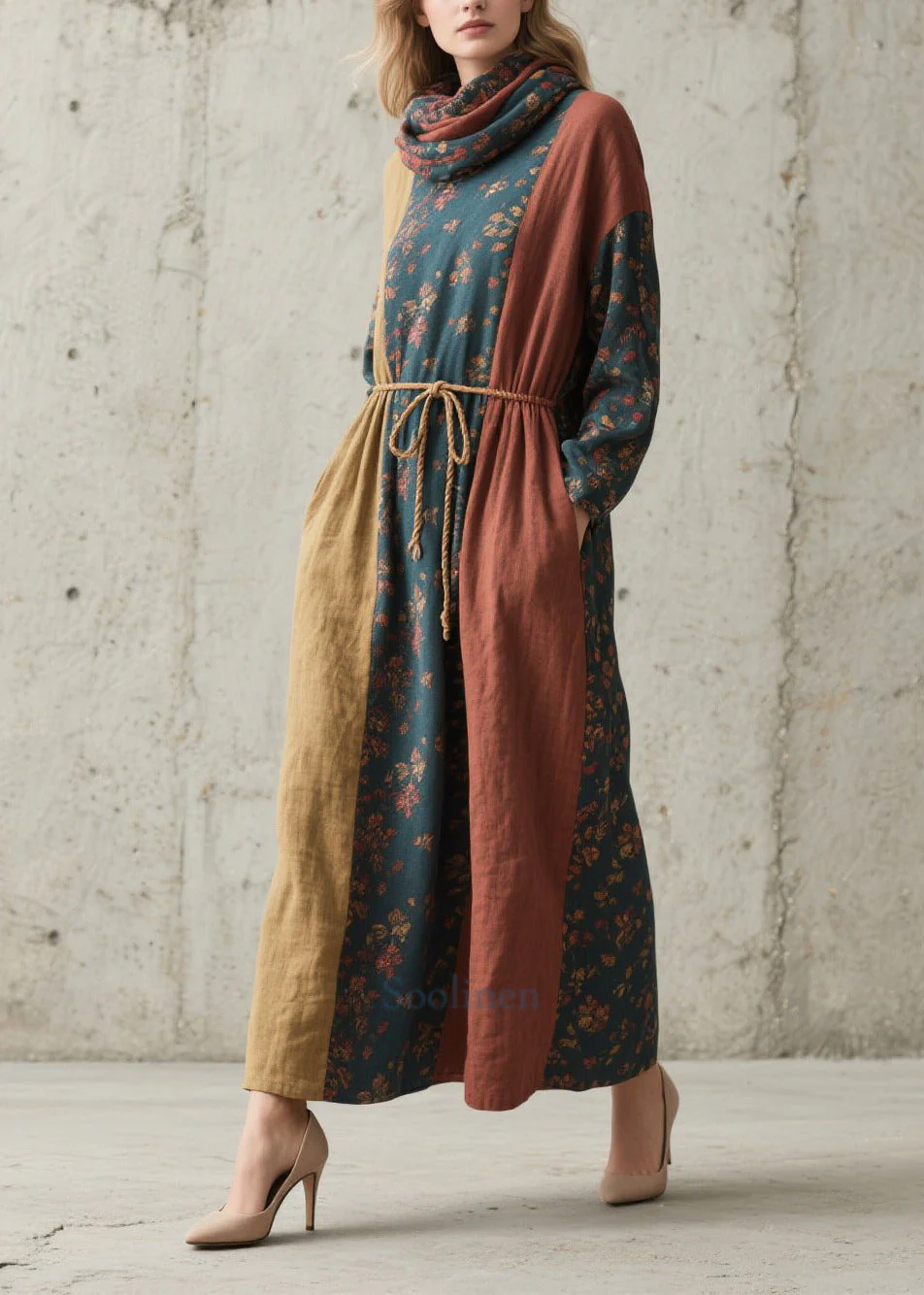 Women Colorblock Cinched Print Cotton Robe Dresses Fall - Image 5