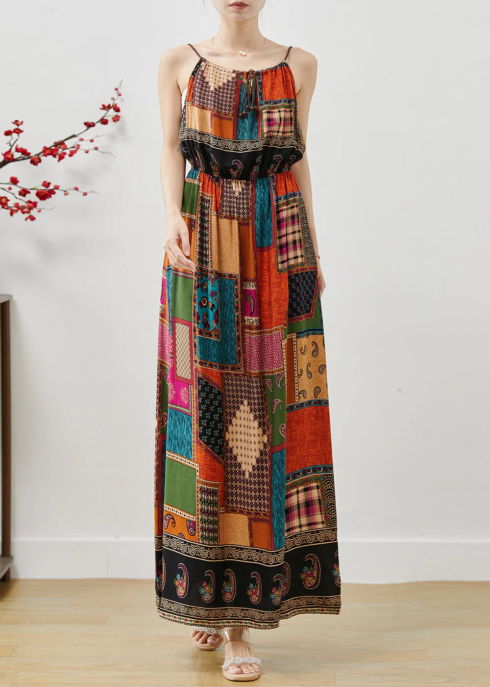 Women Colorblock Cinched Print Cotton Spaghetti Strap Dress Dress Summer - Image 2