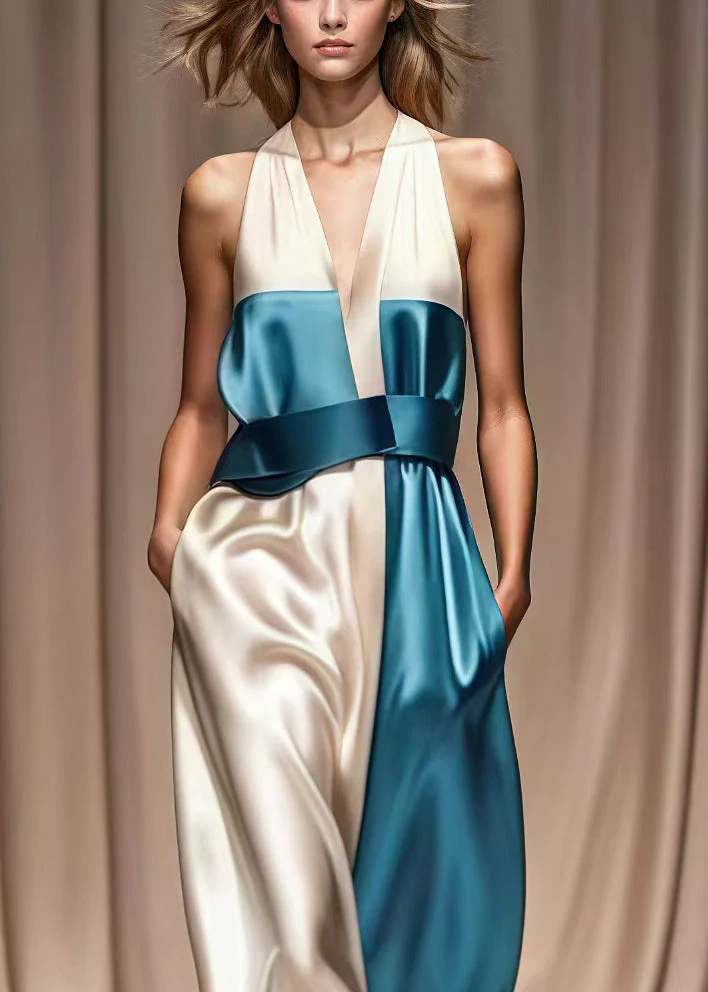 Women Colorblock Cold Shoulder Patchwork Silk Halter Dresses Summer - Image 2