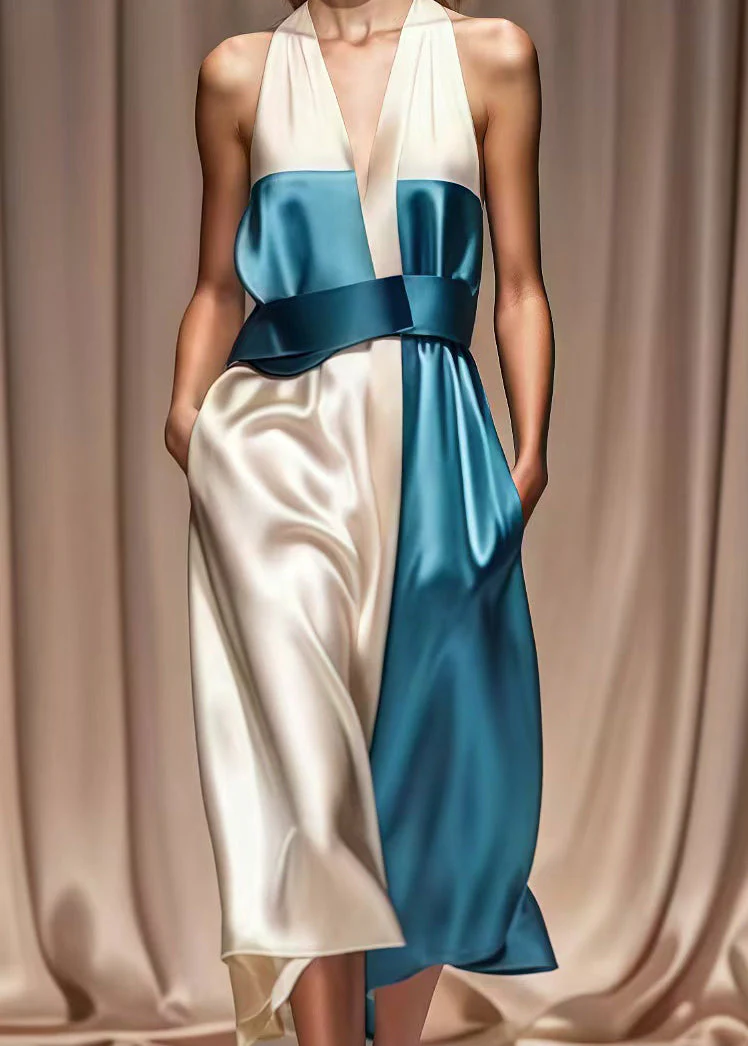 Women Colorblock Cold Shoulder Patchwork Silk Halter Dresses Summer - Image 3