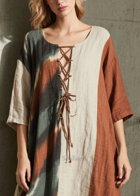 Women Colorblock Cross Strap Patchwork Cotton Dress Half Sleeve - Image 2