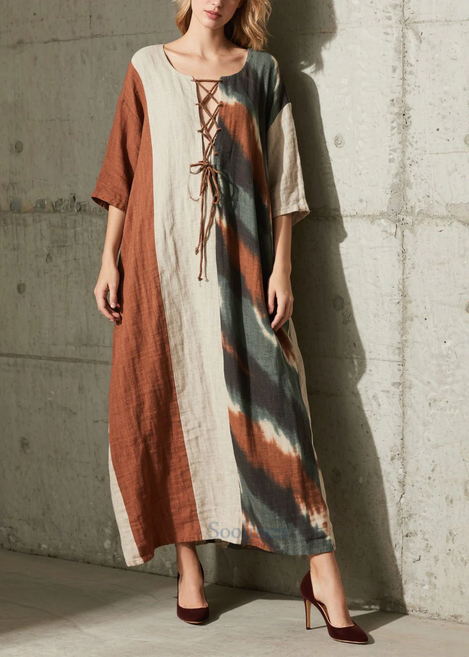 Women Colorblock Cross Strap Patchwork Cotton Dress Half Sleeve - Image 3
