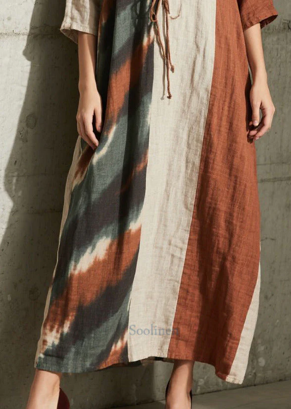 Women Colorblock Cross Strap Patchwork Cotton Dress Half Sleeve - Image 4