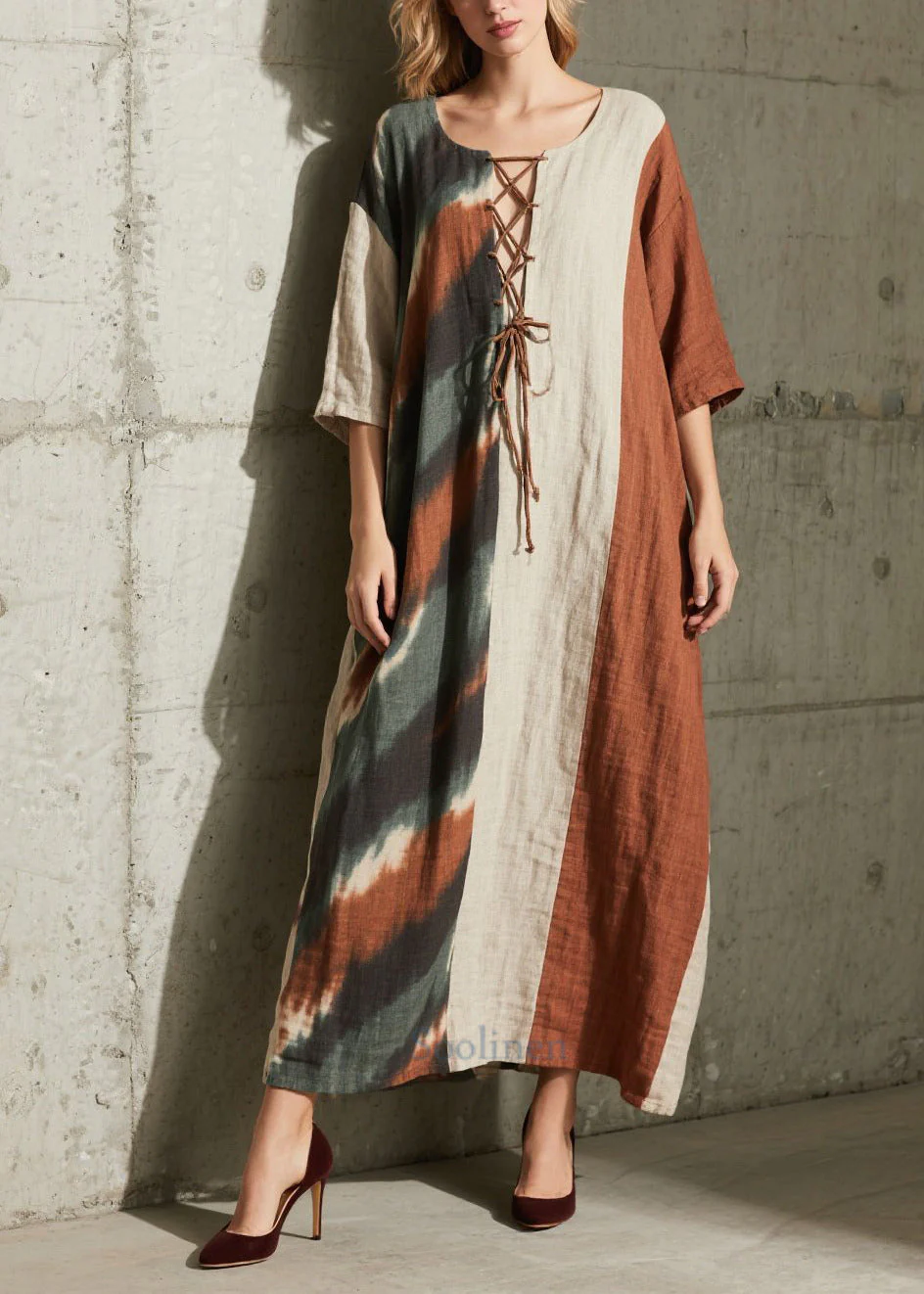 Women Colorblock Cross Strap Patchwork Cotton Dress Half Sleeve - Image 5