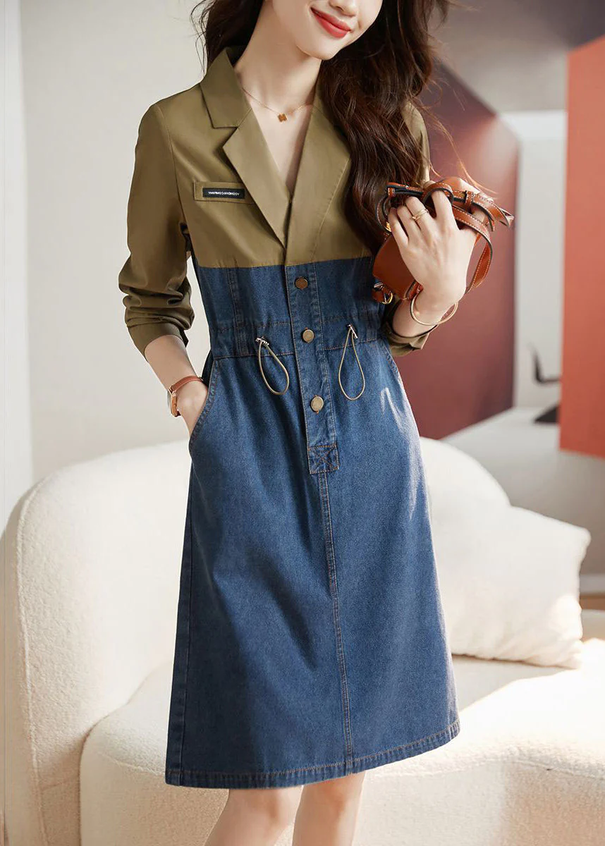 Women Colorblock Drawstring Pockets Patchwork Dresses Long Sleeve - Image 2