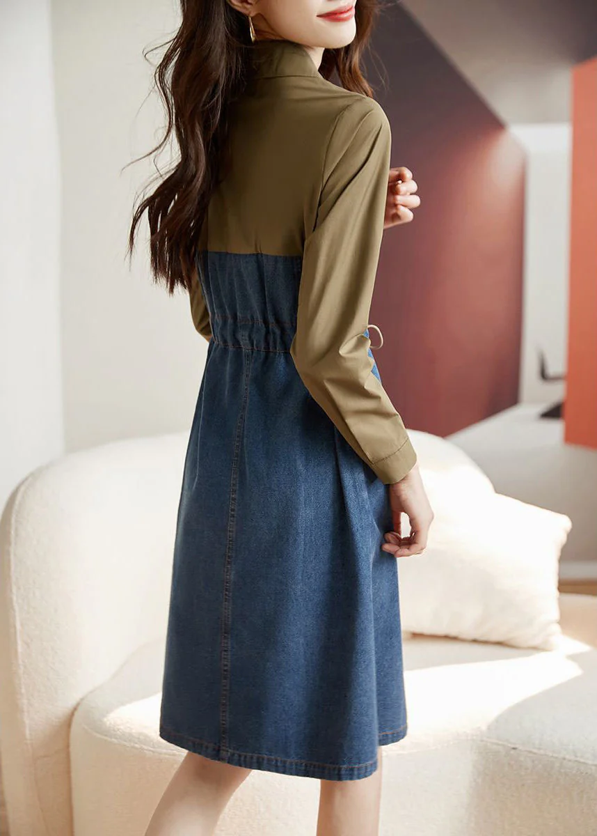 Women Colorblock Drawstring Pockets Patchwork Dresses Long Sleeve - Image 3