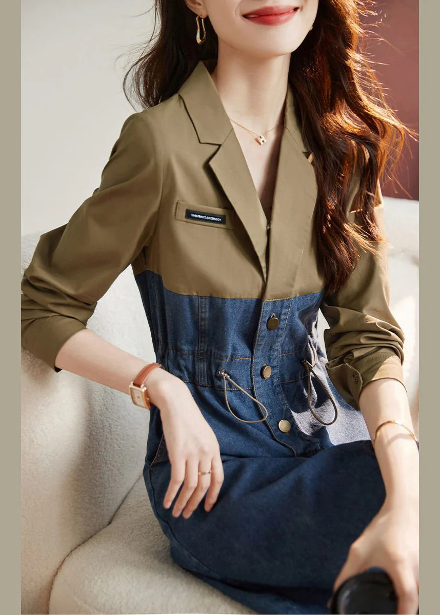 Women Colorblock Drawstring Pockets Patchwork Dresses Long Sleeve - Image 4