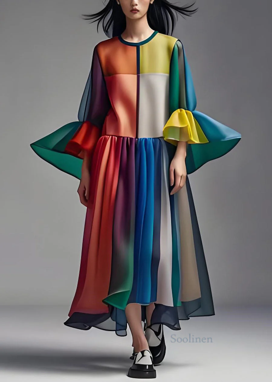 Women Colorblock O Neck Patchwork Loose Chiffon Dress Summer - Image 2