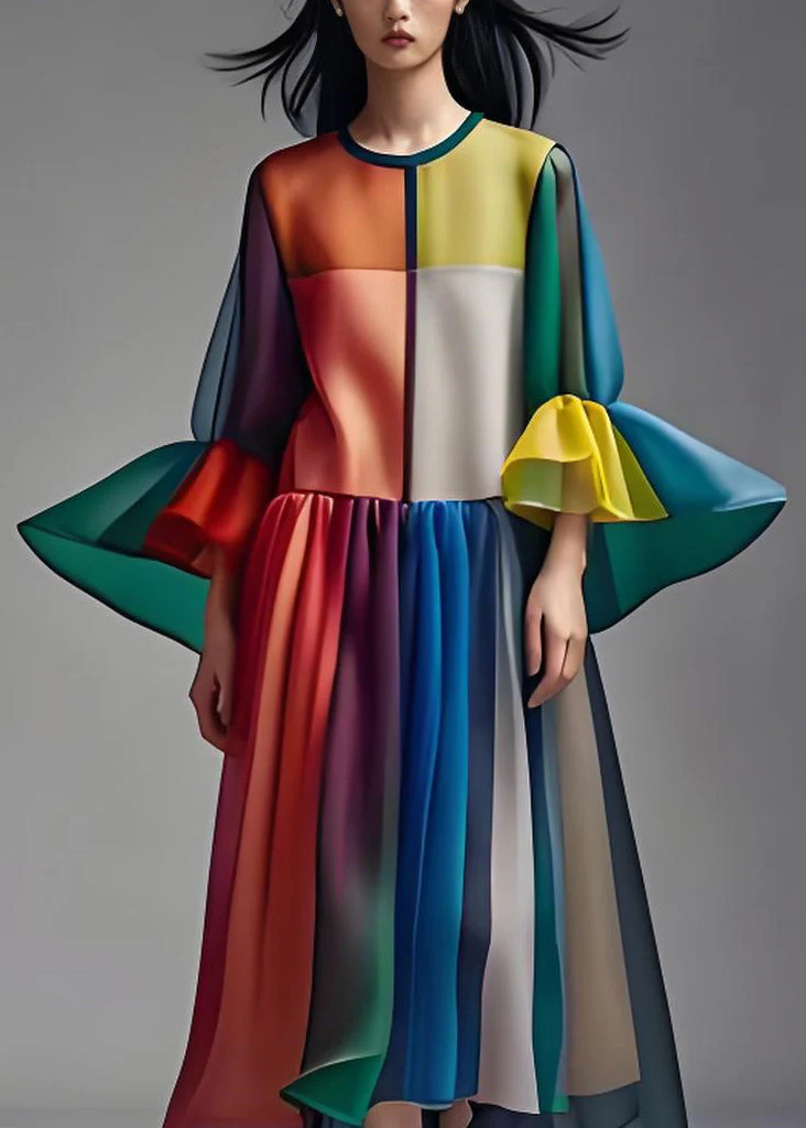 Women Colorblock O Neck Patchwork Loose Chiffon Dress Summer - Image 3