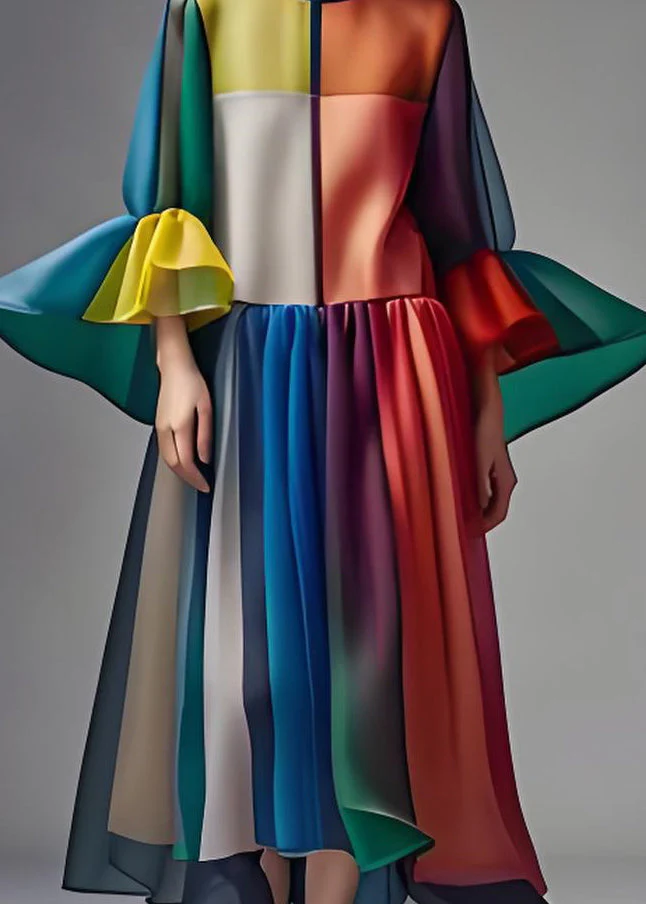 Women Colorblock O Neck Patchwork Loose Chiffon Dress Summer - Image 4
