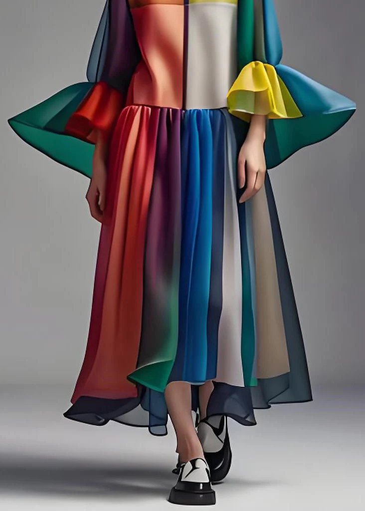 Women Colorblock O Neck Patchwork Loose Chiffon Dress Summer - Image 5