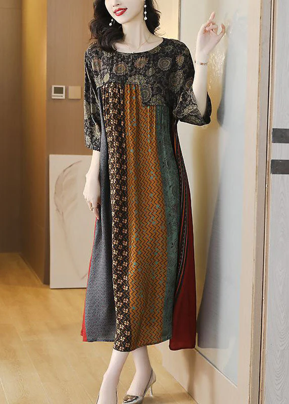 Women Colorblock O Neck Print Striped Patchwork Silk Dresses Summer - Image 2