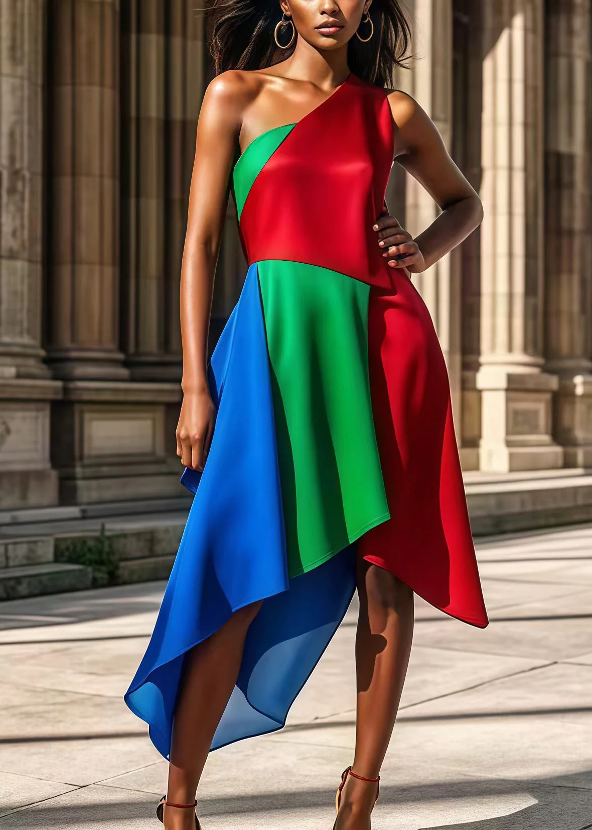 Women Colorblock One Shoulder Patchwork Silk Party Dress Summer - Image 3