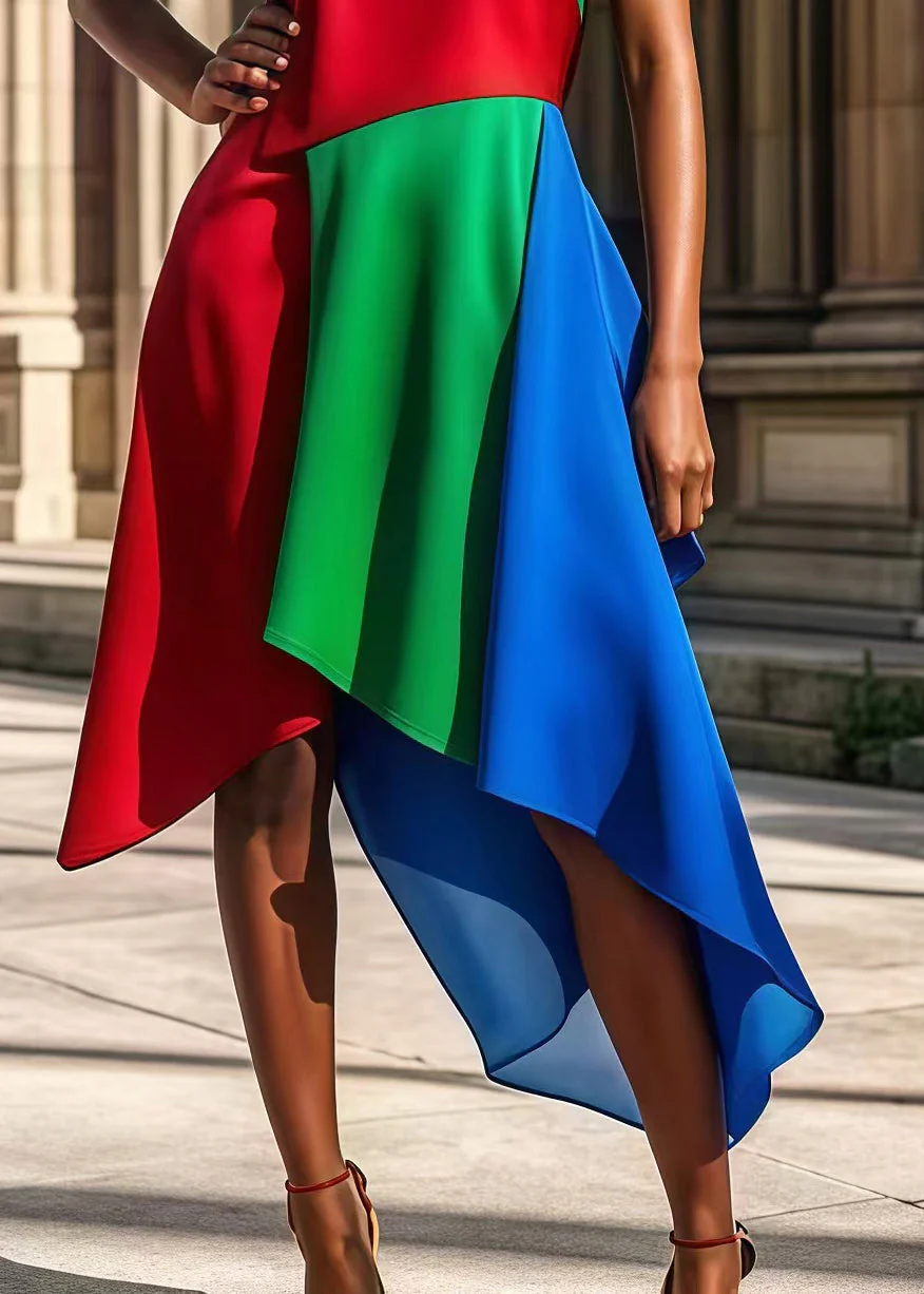 Women Colorblock One Shoulder Patchwork Silk Party Dress Summer - Image 4