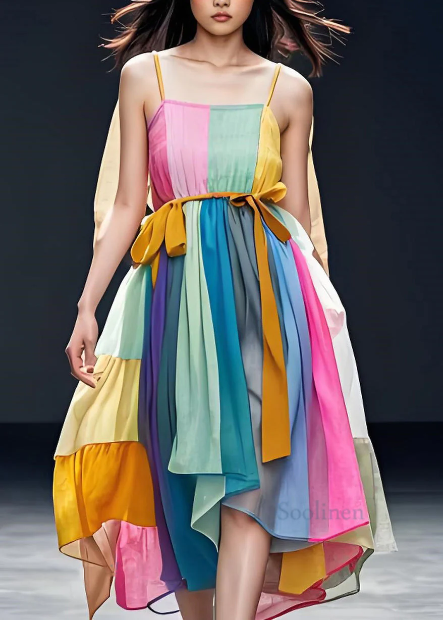 Women Colorblock Patchwork Cotton Spaghetti Strap Dress Sleeveless - Image 2