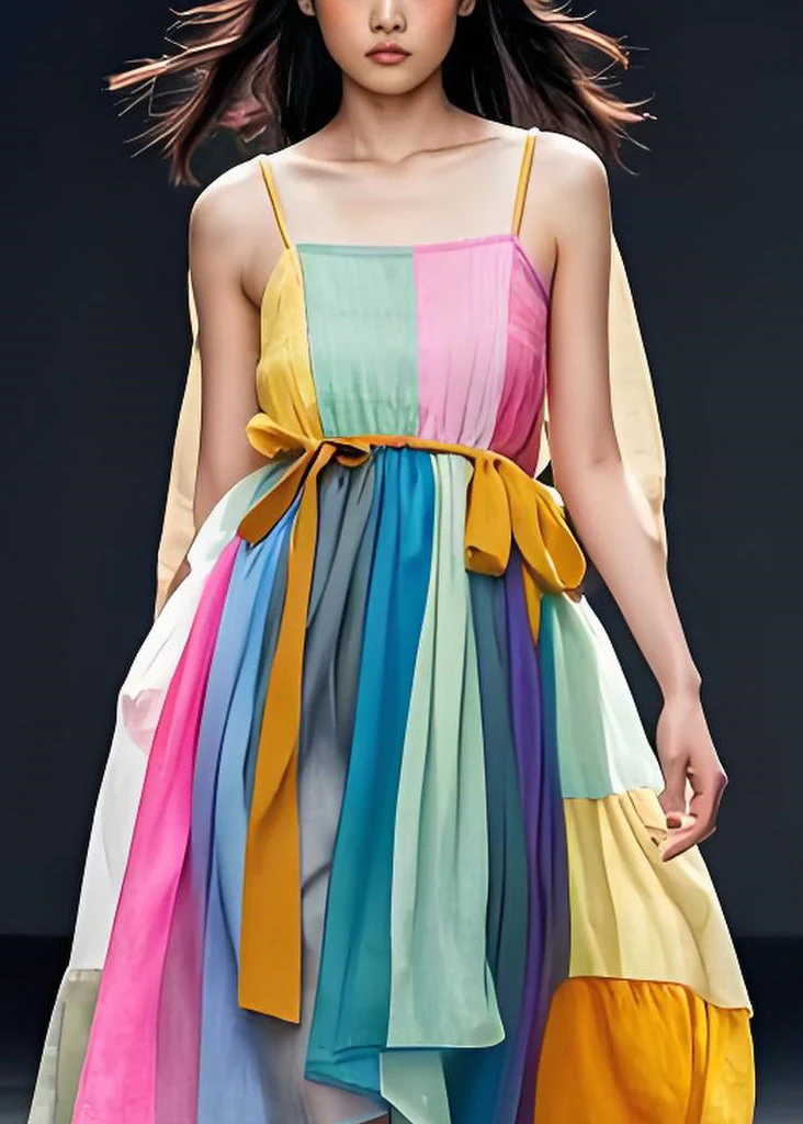 Women Colorblock Patchwork Cotton Spaghetti Strap Dress Sleeveless - Image 3