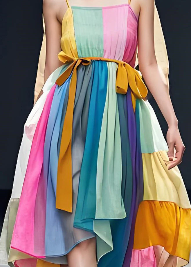 Women Colorblock Patchwork Cotton Spaghetti Strap Dress Sleeveless - Image 4