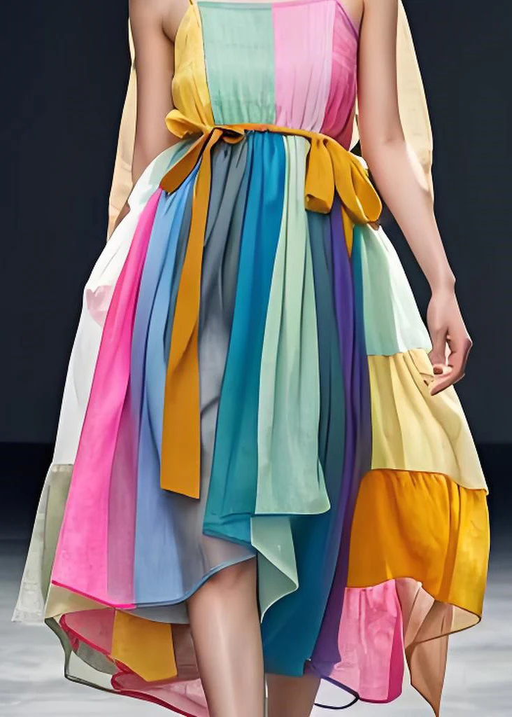 Women Colorblock Patchwork Cotton Spaghetti Strap Dress Sleeveless - Image 5
