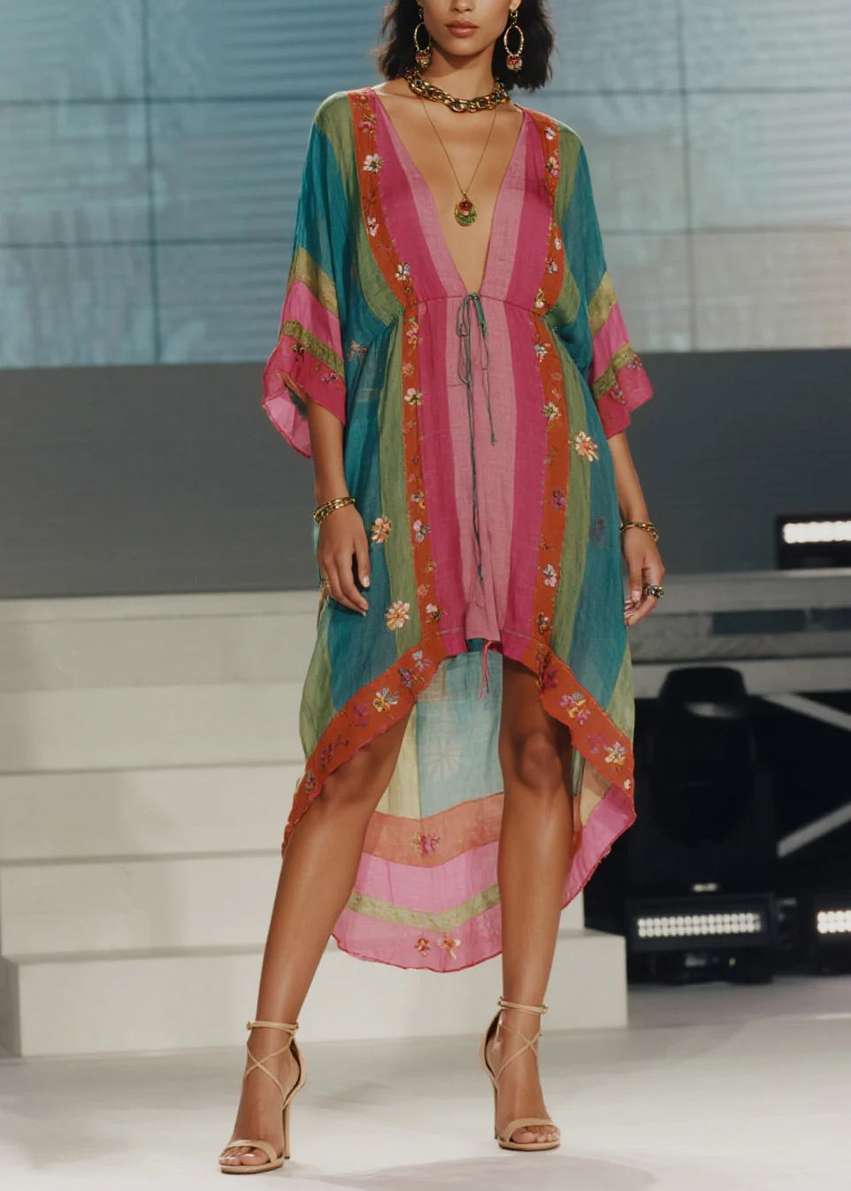 Women Colorblock Print Low High Design Cotton Dress Summer - Image 3