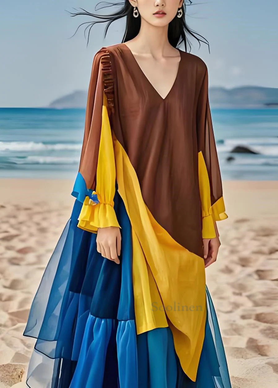 Women Colorblock Ruffled Chiffon Patchwork Cotton Dress Long Sleeves - Image 2