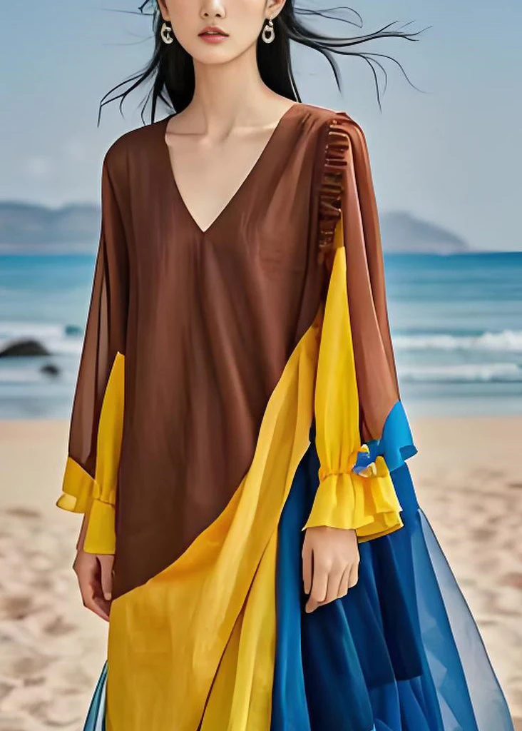 Women Colorblock Ruffled Chiffon Patchwork Cotton Dress Long Sleeves - Image 3