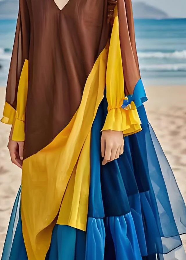 Women Colorblock Ruffled Chiffon Patchwork Cotton Dress Long Sleeves - Image 4
