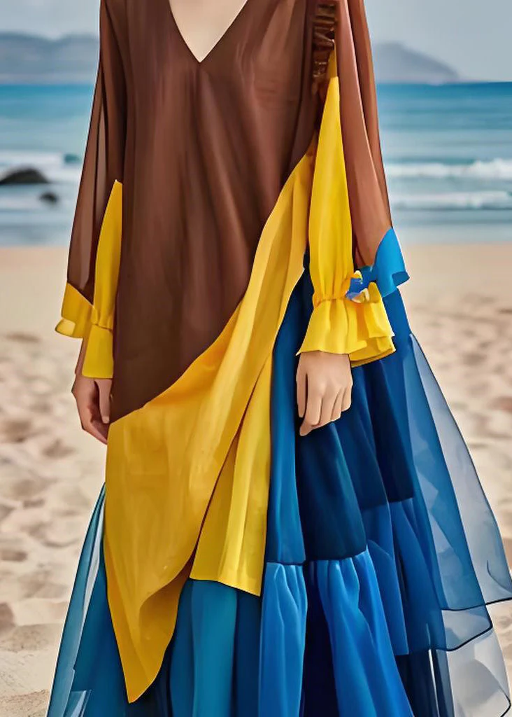 Women Colorblock Ruffled Chiffon Patchwork Cotton Dress Long Sleeves - Image 5