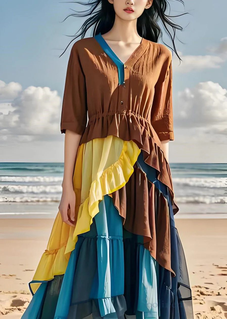 Women Colorblock Ruffled Chiffon Patchwork Cotton Dress Summer - Image 2