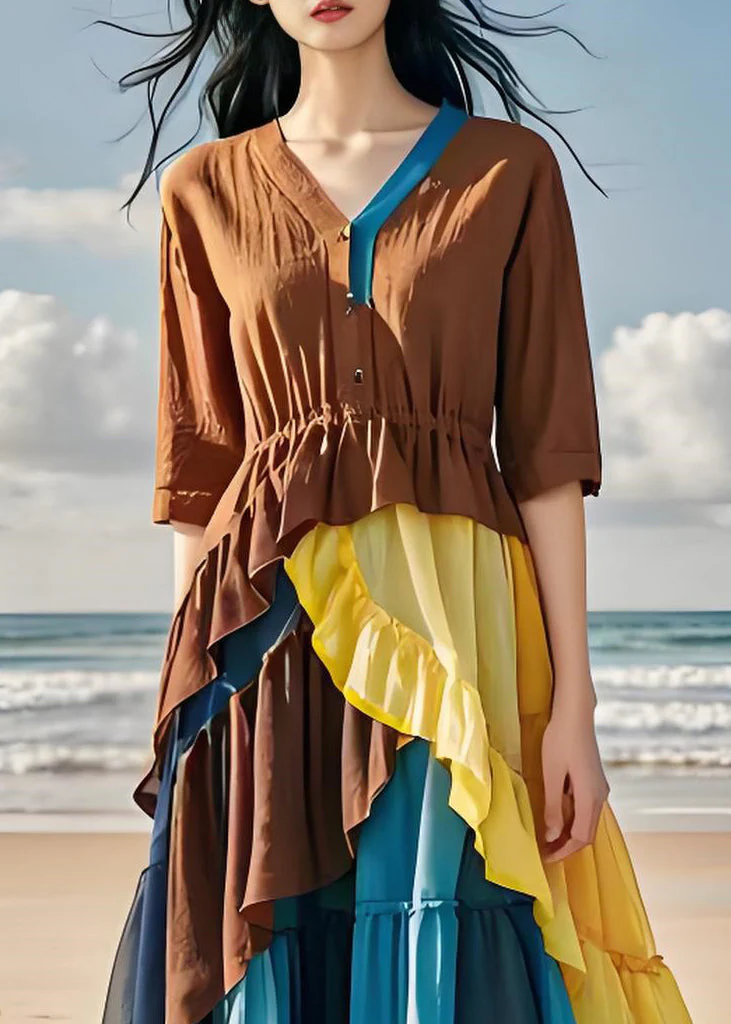 Women Colorblock Ruffled Chiffon Patchwork Cotton Dress Summer - Image 3