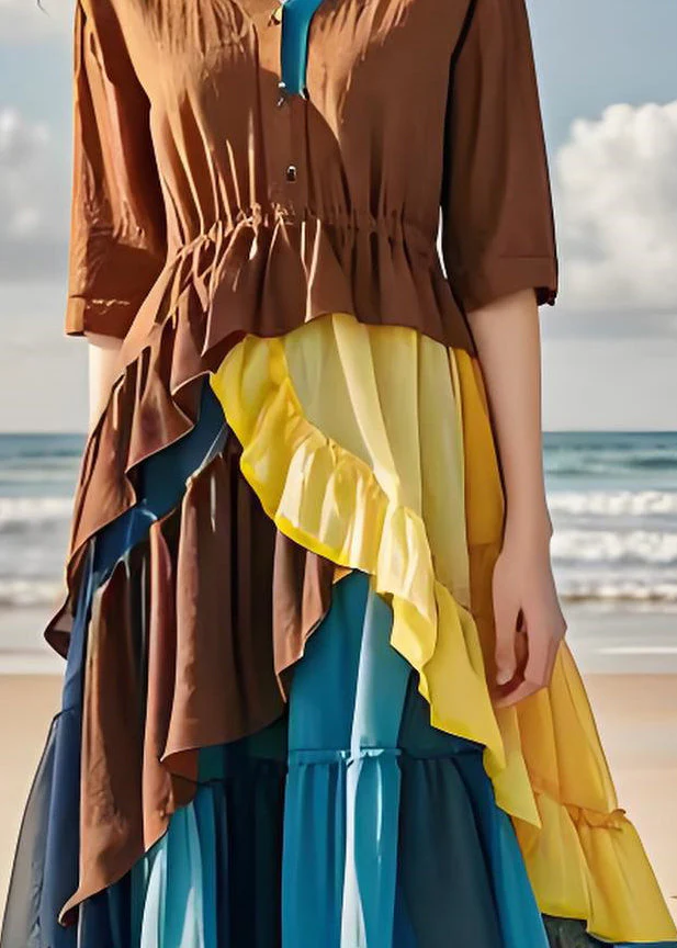 Women Colorblock Ruffled Chiffon Patchwork Cotton Dress Summer - Image 4
