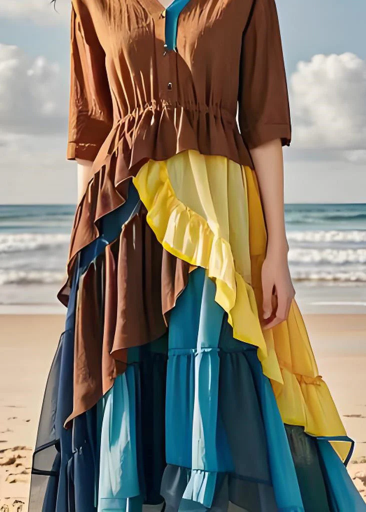Women Colorblock Ruffled Chiffon Patchwork Cotton Dress Summer - Image 5
