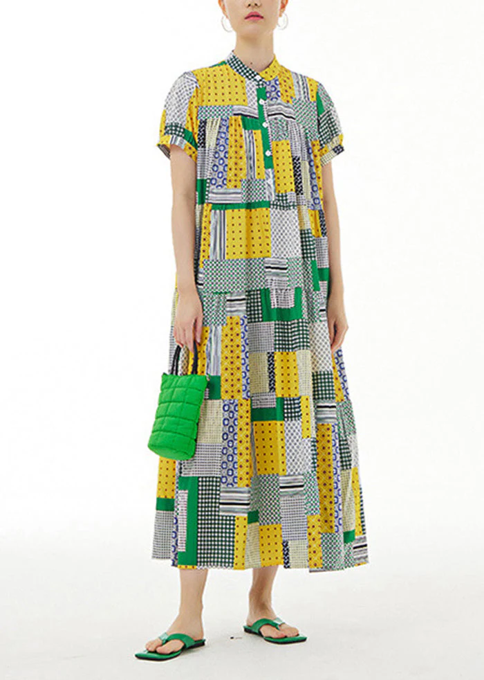 Women Colorblock Stand Collar Print Exra Large Hem Cotton Long Dresses Summer - Image 2