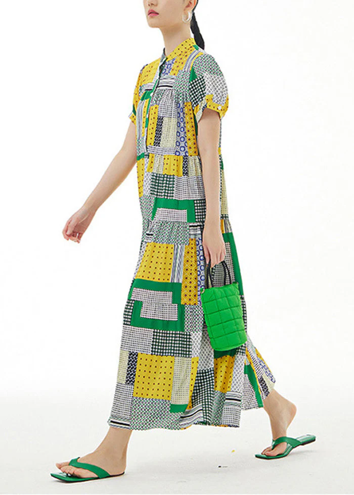Women Colorblock Stand Collar Print Exra Large Hem Cotton Long Dresses Summer - Image 3
