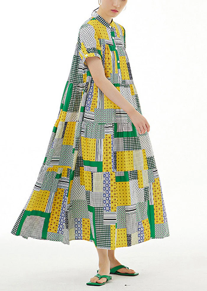 Women Colorblock Stand Collar Print Exra Large Hem Cotton Long Dresses Summer - Image 4