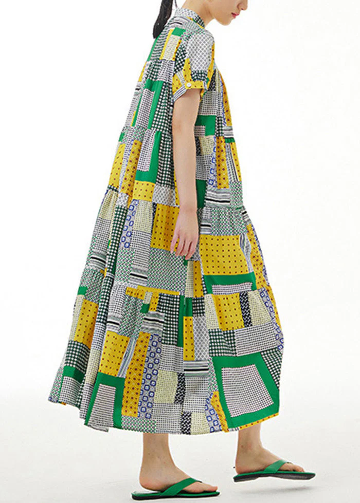 Women Colorblock Stand Collar Print Exra Large Hem Cotton Long Dresses Summer - Image 5