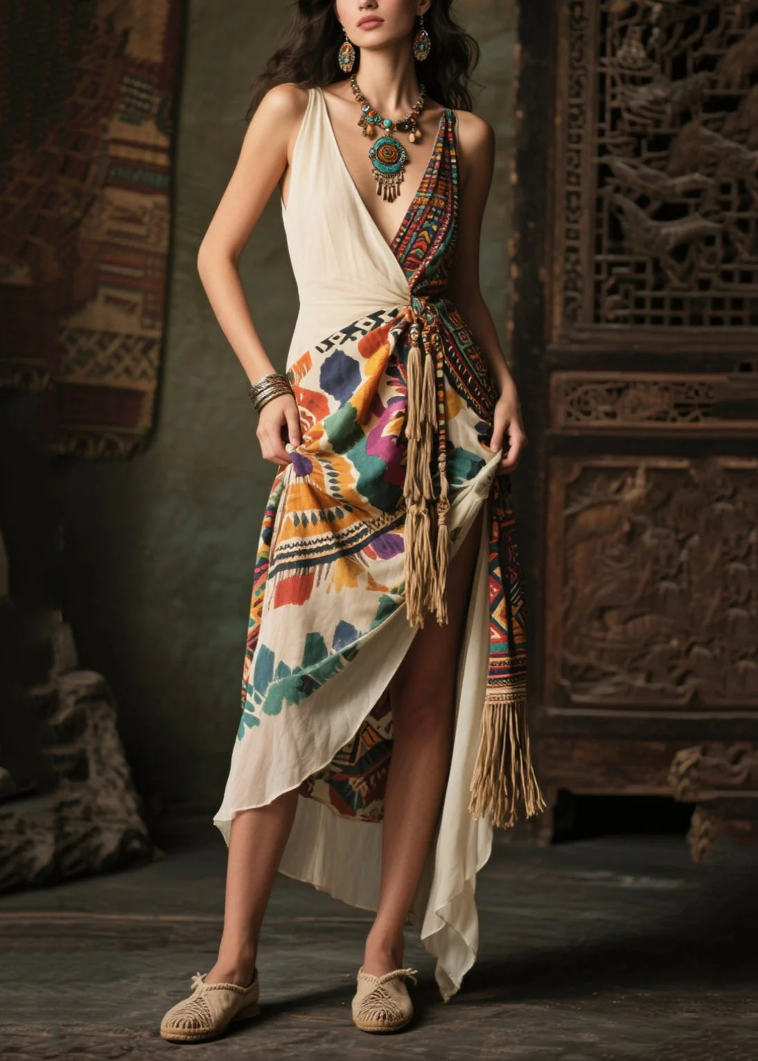 Women Colorblock Tasseled Print Chiffon Cami Dresses Summer