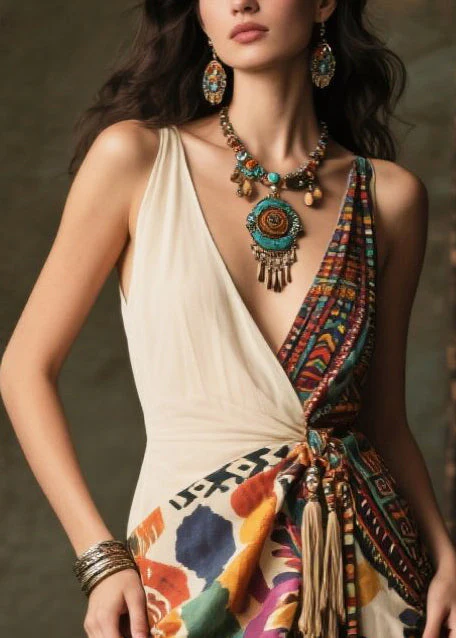 Women Colorblock Tasseled Print Chiffon Cami Dresses Summer - Image 2