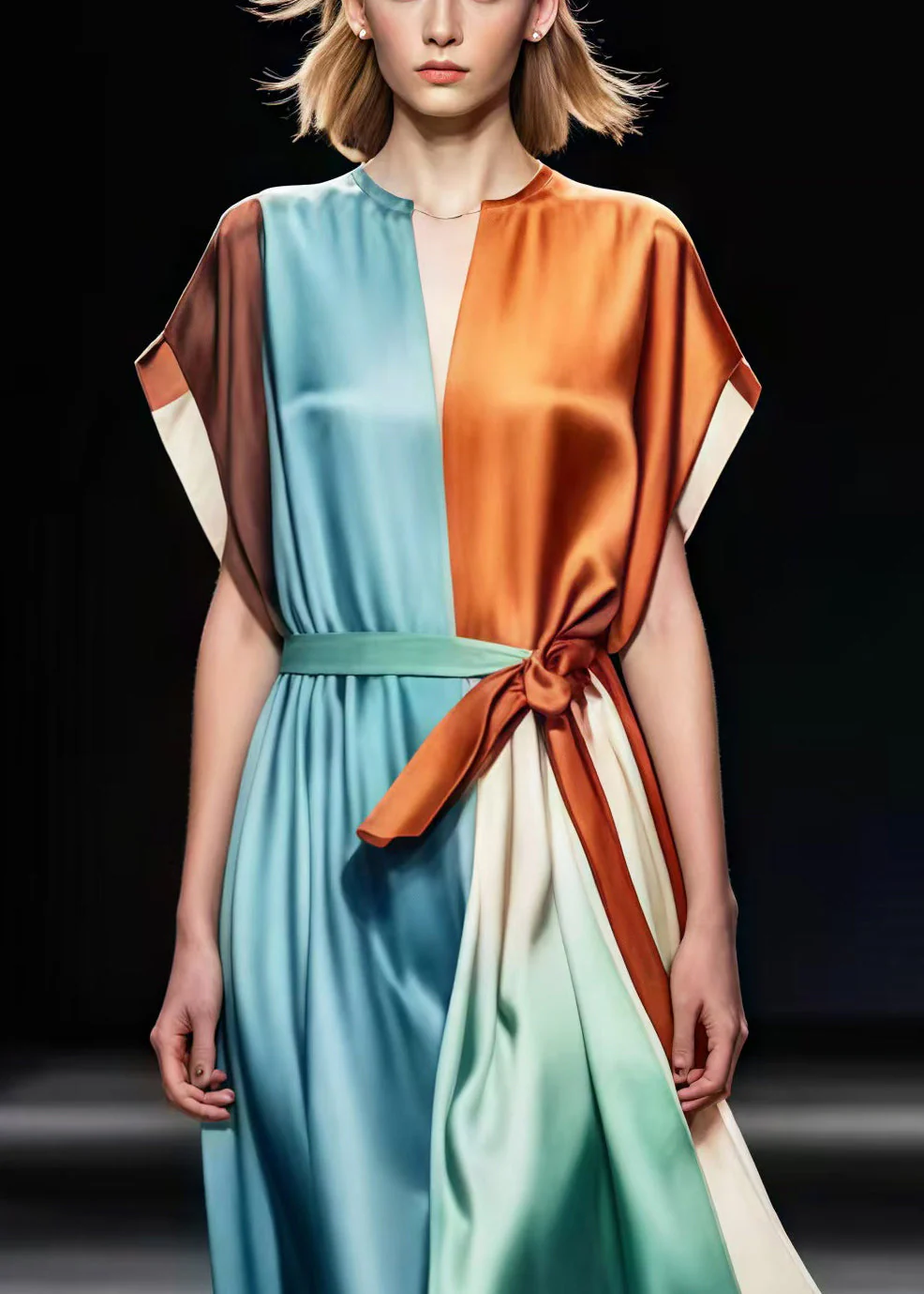 Women Colorblock Tie Waist Patchwork Silk Vacation Dresses Summer - Image 2