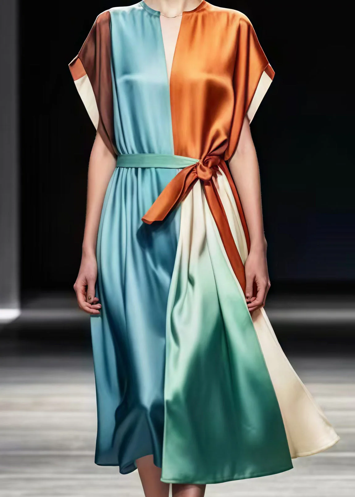 Women Colorblock Tie Waist Patchwork Silk Vacation Dresses Summer - Image 3
