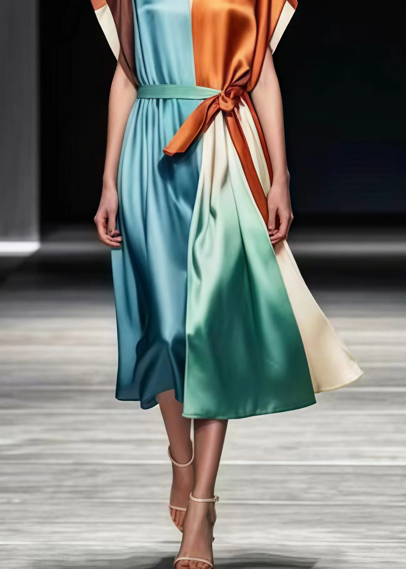 Women Colorblock Tie Waist Patchwork Silk Vacation Dresses Summer - Image 4